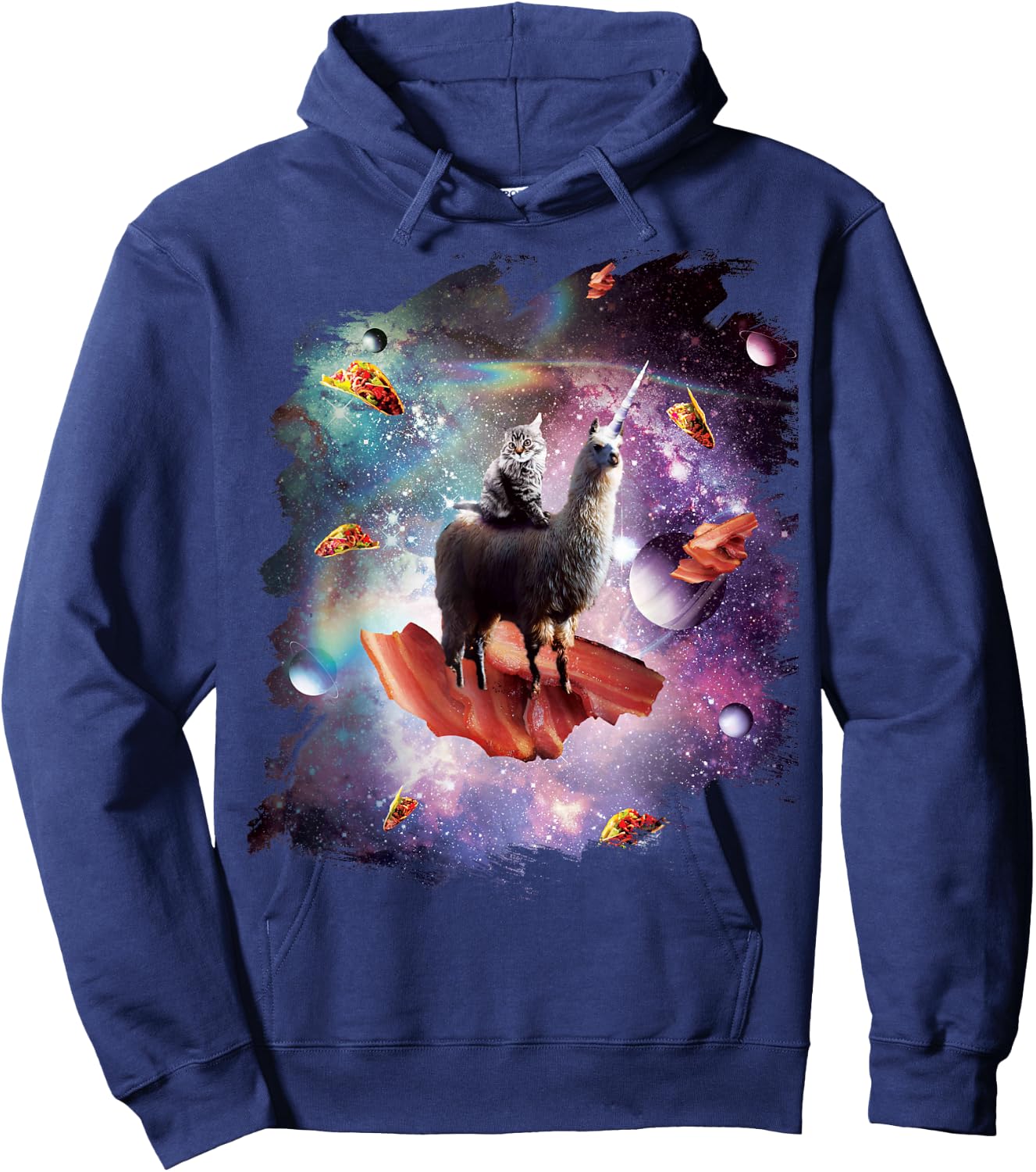 Space Cat Riding Llama Unicorn - Bacon Taco Men Women Girls Kids Hoodie - Hoodie | Navy