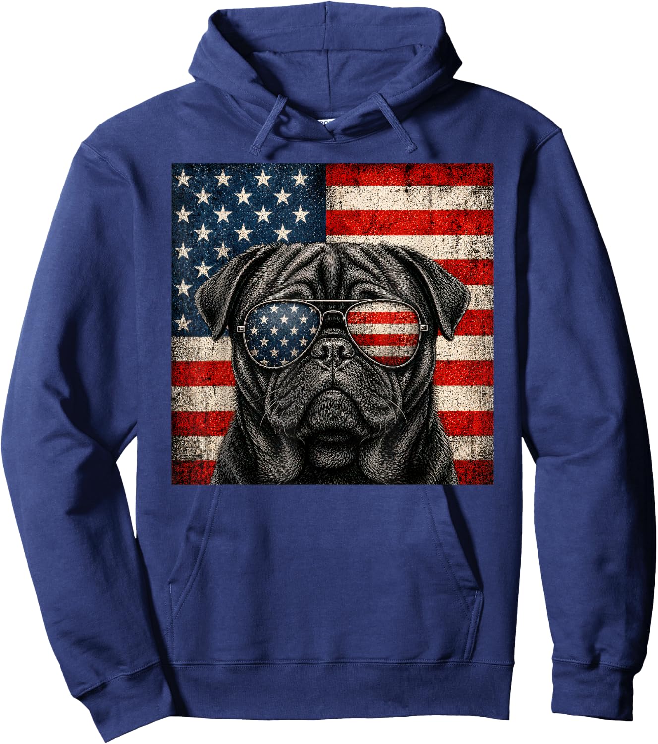 Black Pug 4th of July US American Flag Dog Patriotic Hoodie - Hoodie | Navy