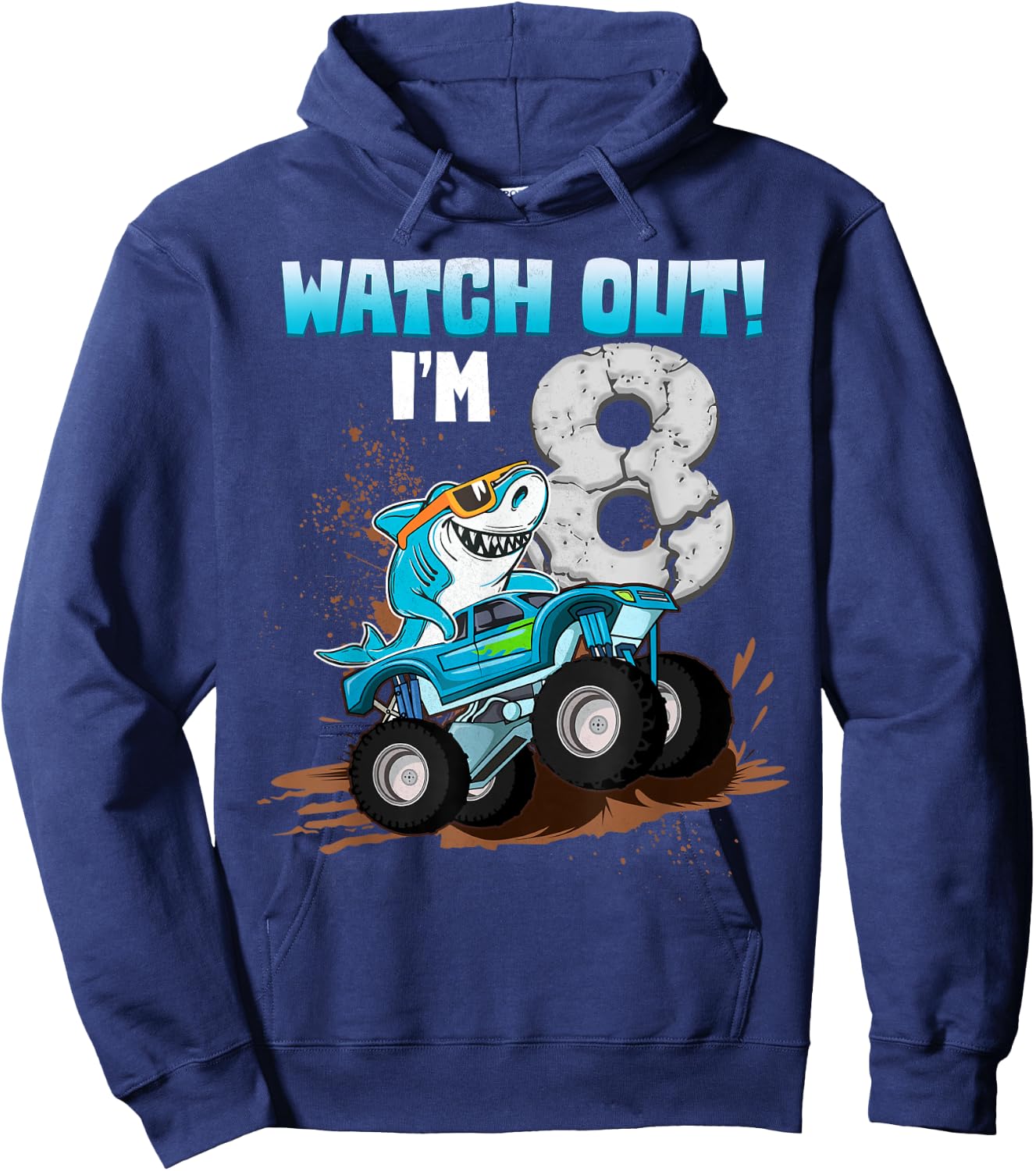 8 Years Old 8th Birthday Shark Boy Girl Monster Truck Gamer Hoodie - Hoodie | Navy