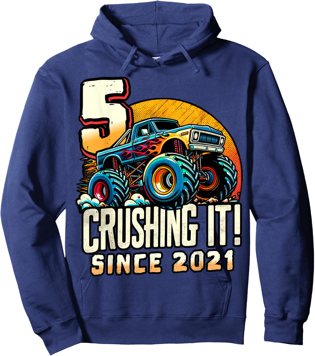 Birthday Monster Truck 5 Year Old Boys 5th Party Born 2021 Hoodie - Hoodie | Navy