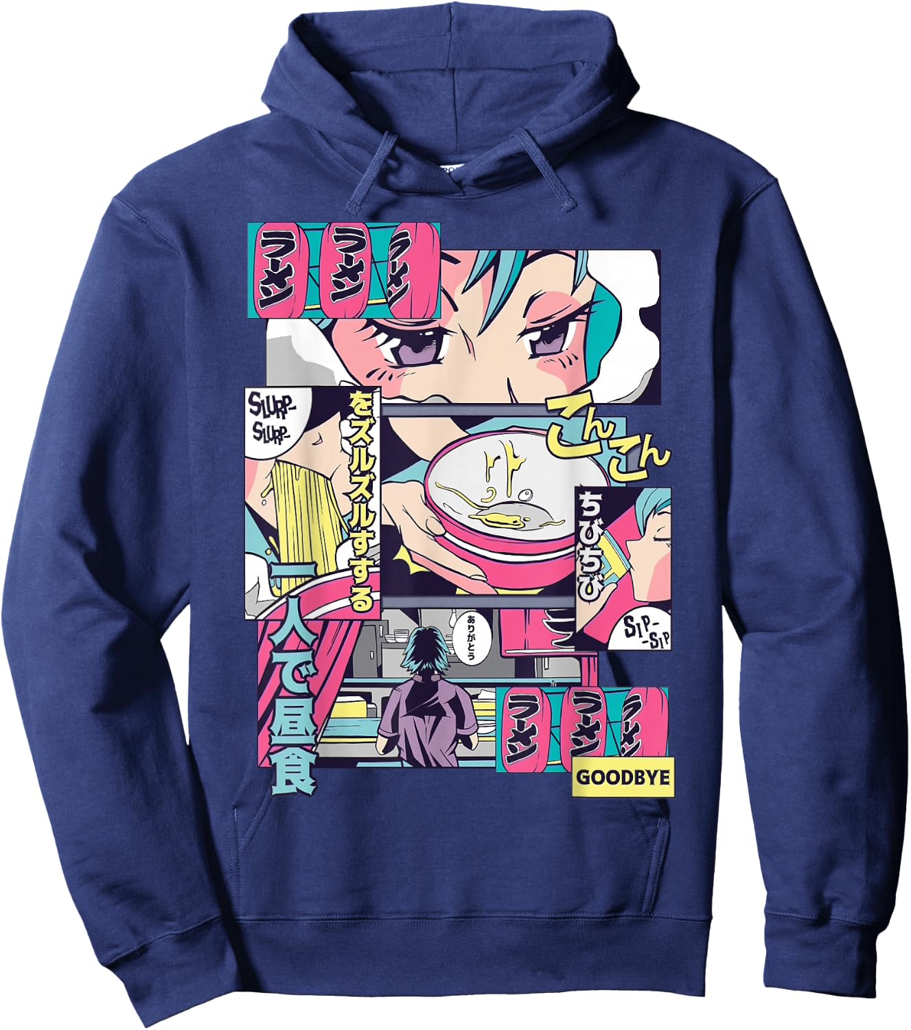 90s Japanese Vintage Kawaii Ramen Anime Manga Girl Hoodie - Hoodie | Navy