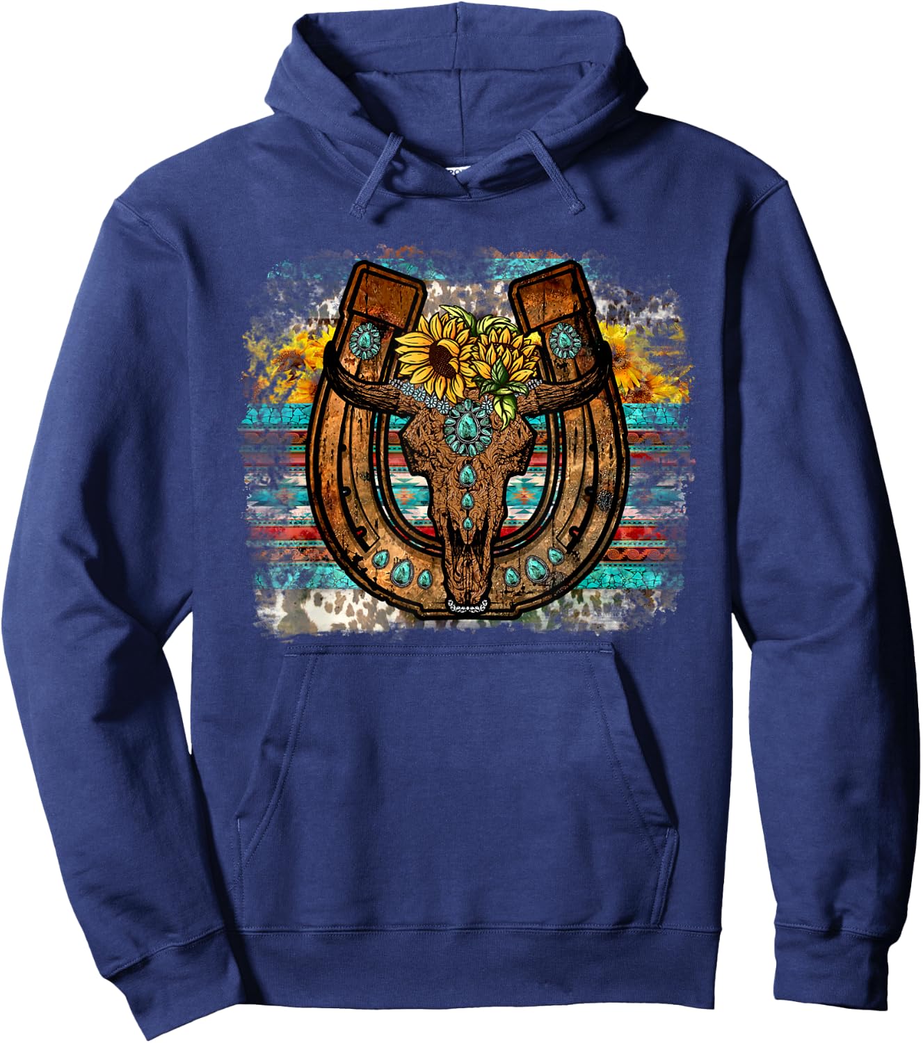 Cute Western Bull Sunflower Horseshoe Country Boho Hoodie - Hoodie | Navy