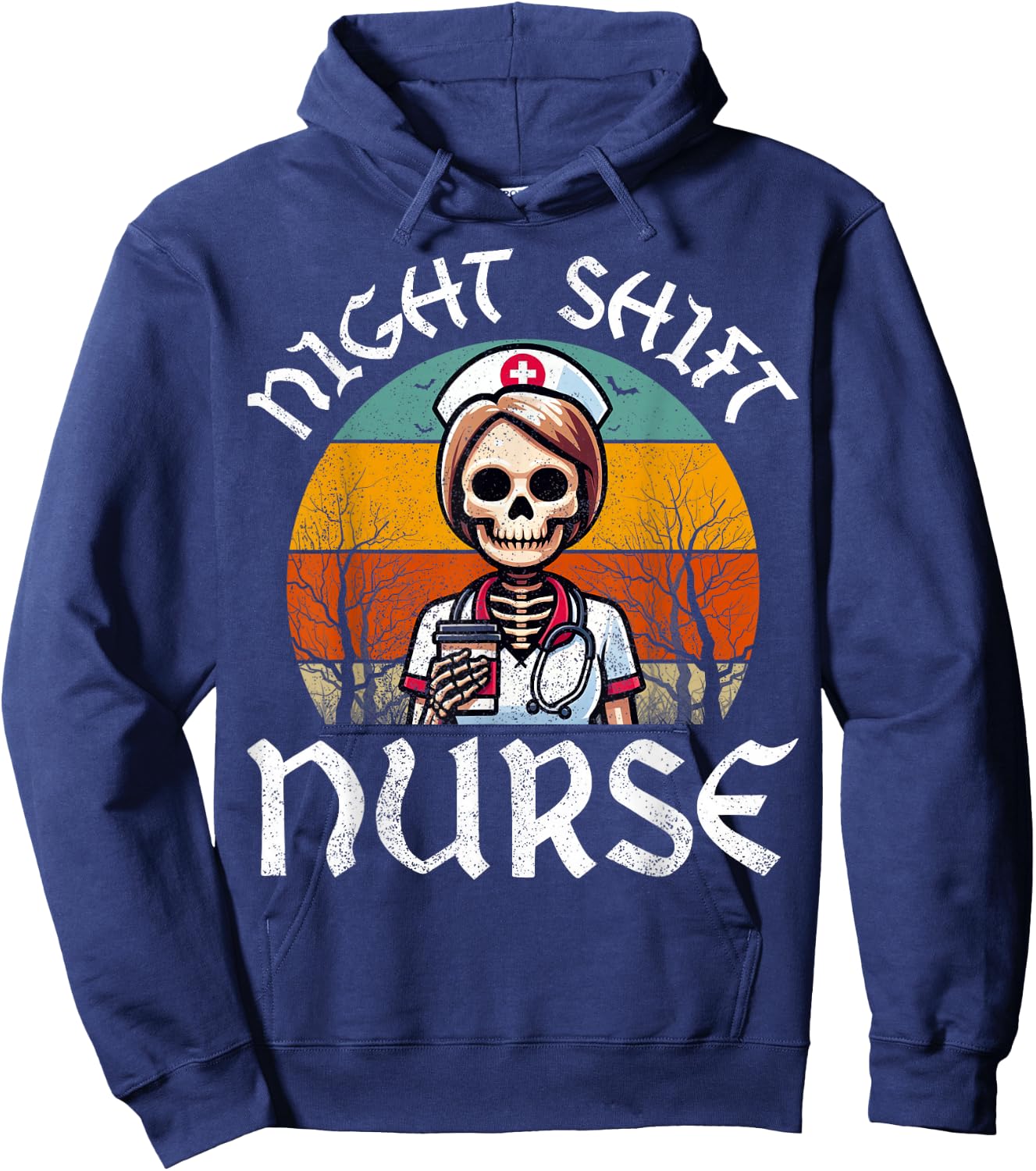 Retro Night Shift Nurse Skeleton Nursing EMT RN Nurses Women Hoodie - Hoodie | Navy