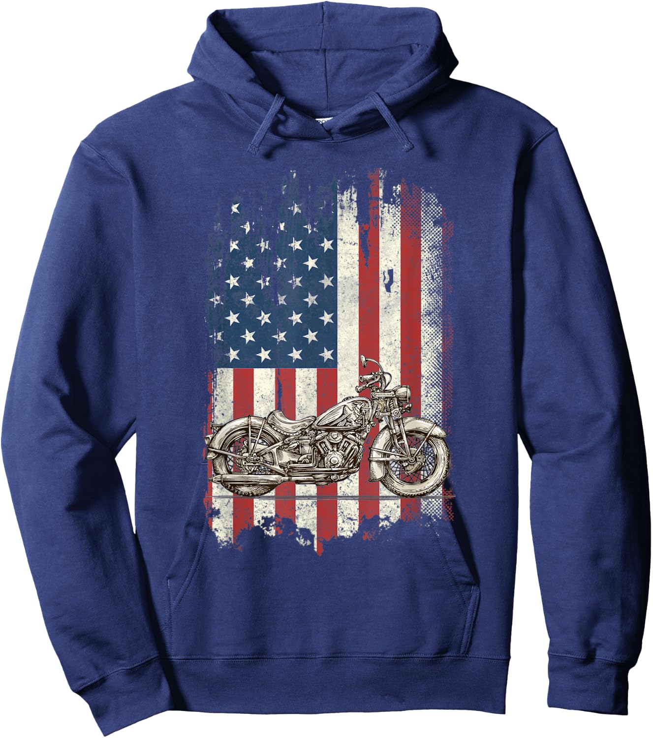 Motorcycle American Flag Distressed Vintage Biker Patriotic Women Kids Men Hoodie - Hoodie | Navy