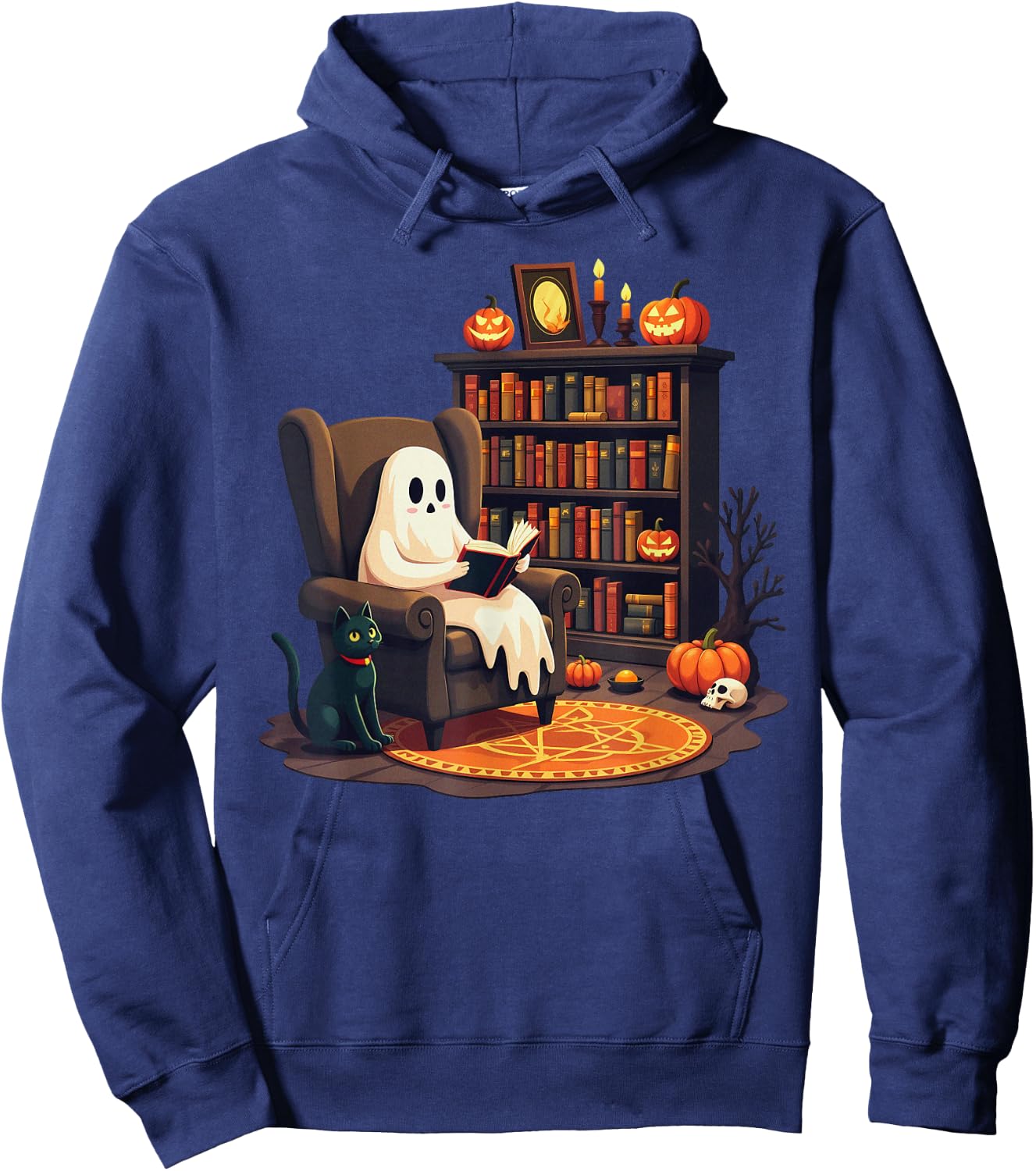 Retro Ghost Reading Books, Librarian Ghost Halloween Teacher Hoodie - Hoodie | Navy
