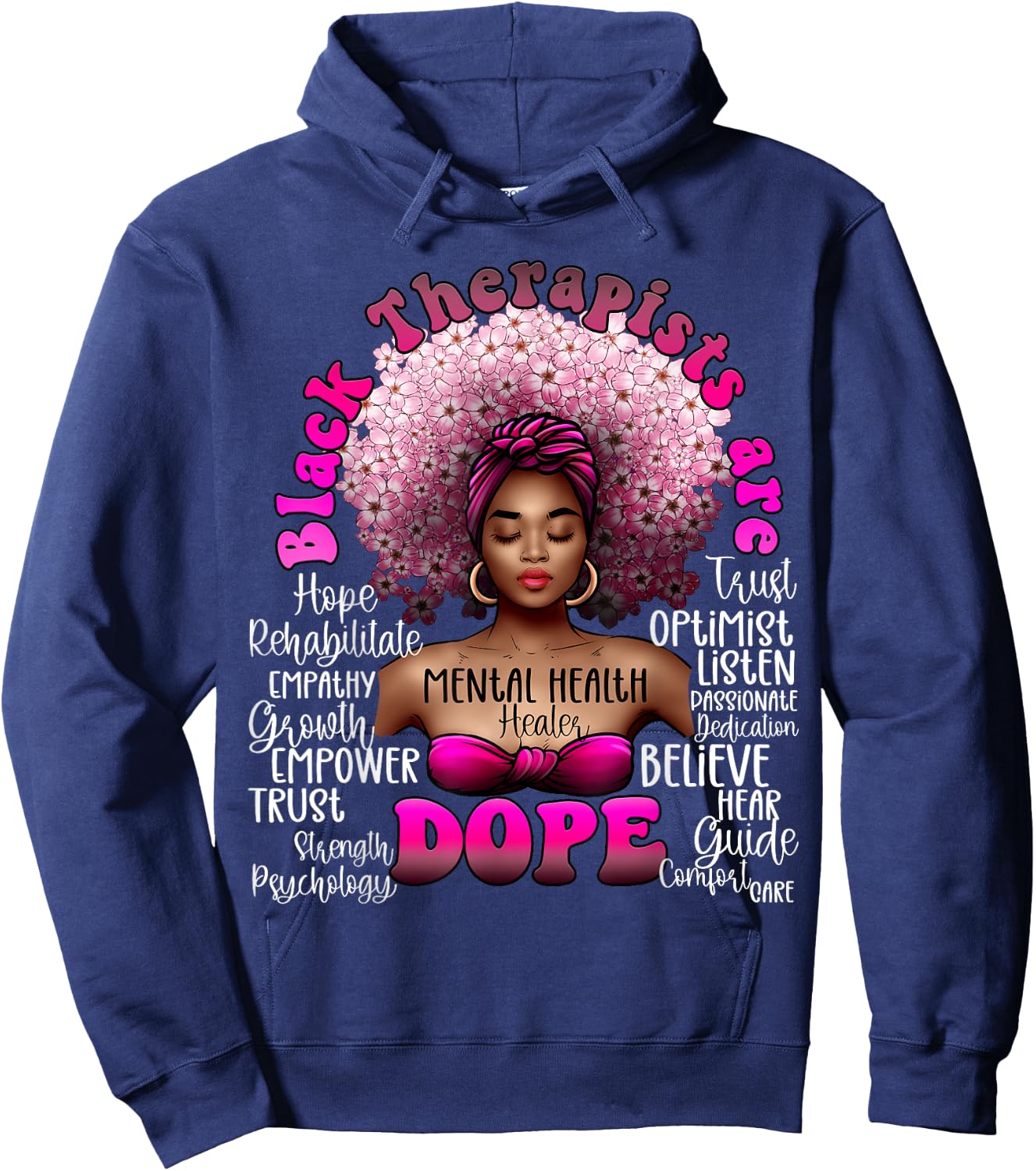 Black Therapist Mental Health Healer Floral Afro Black Queen Hoodie - Hoodie | Navy