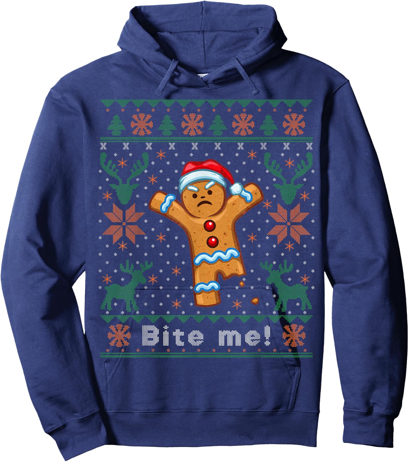 Bite Me Gingerbread Man - Funny Ugly Christmas Sweater Hoodie - Hoodie | Navy