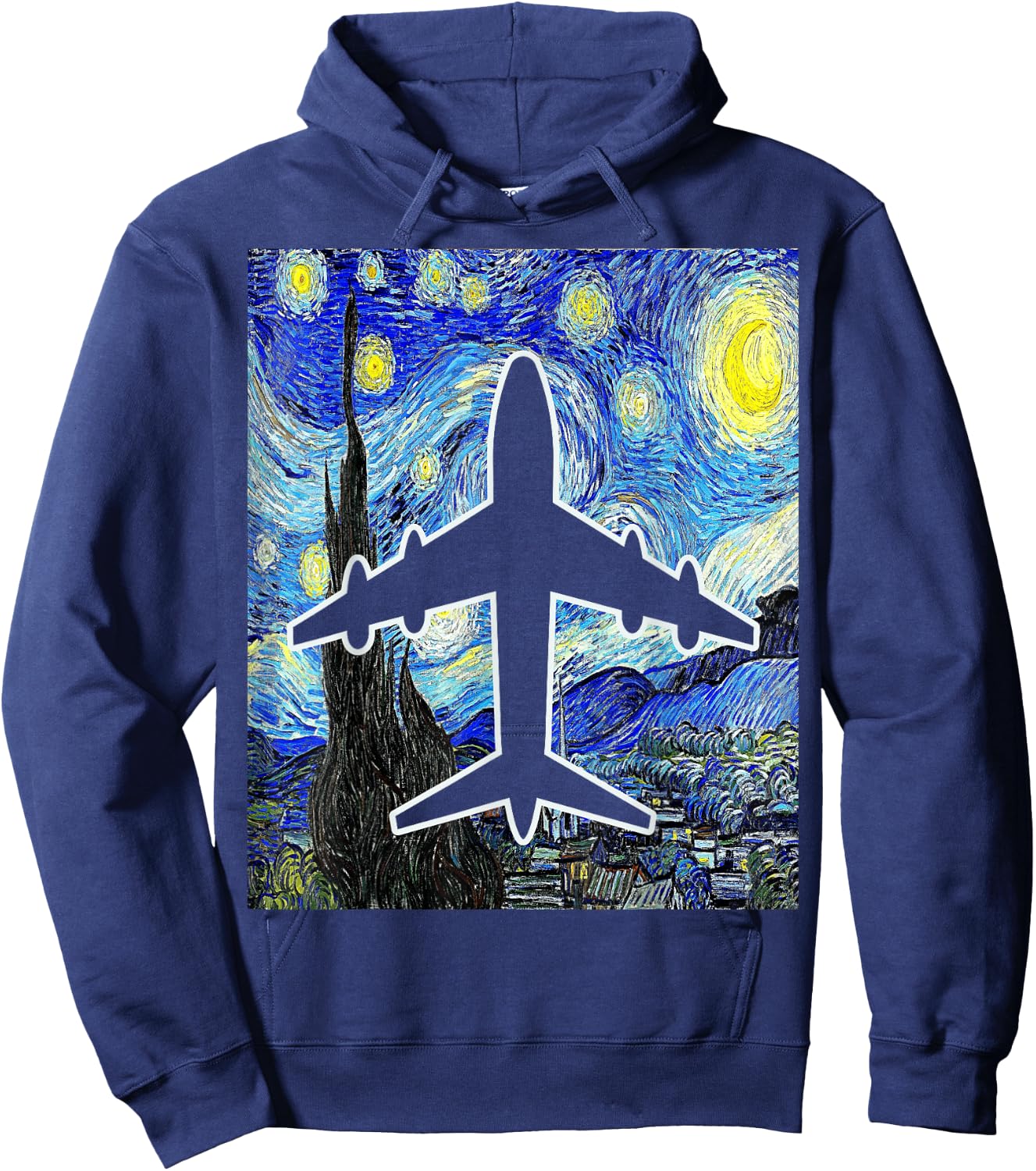 Airplane Starry Night Aviation Airplane Pilot Painting Hoodie - Hoodie | Navy