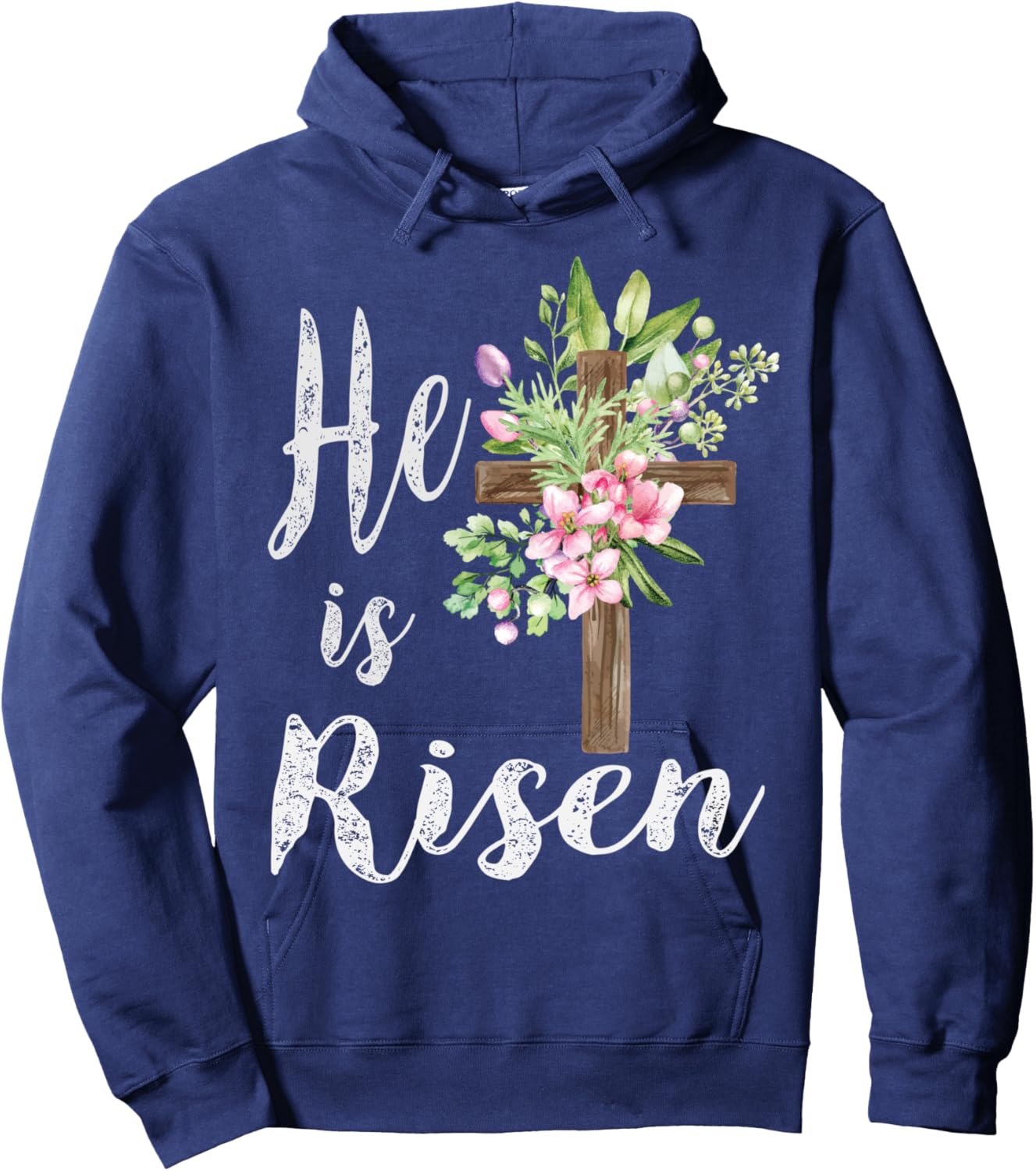 He is Risen Floral Cross Vintage Happy Easter Hoodie - Hoodie | Navy