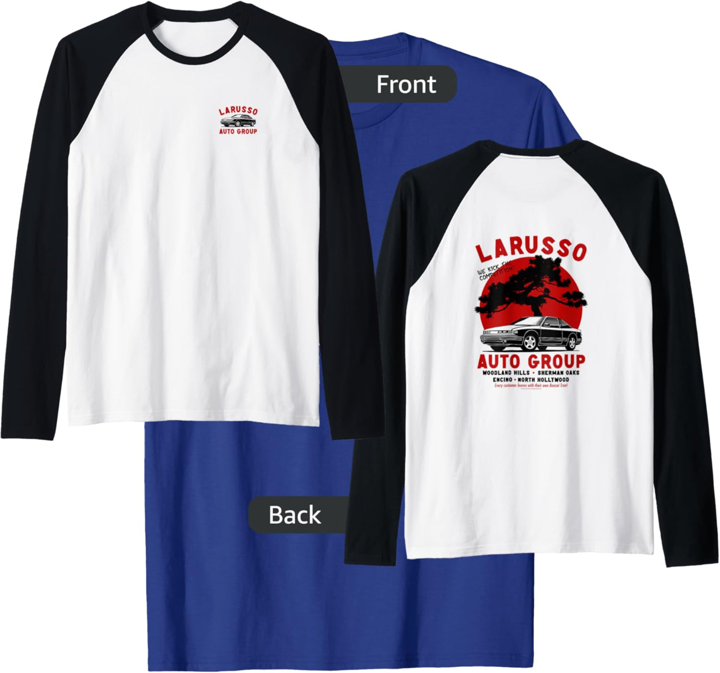 Cobra Kai Retro LaRusso Auto Group Ad Front and Back Raglan Baseball T-Shirt - T-Shirt | Royal