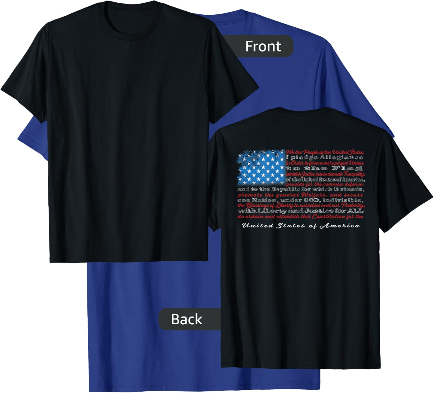 US Flag with Constitution Preamble and Pledge of Allegiance T-Shirt - T-Shirt | Royal