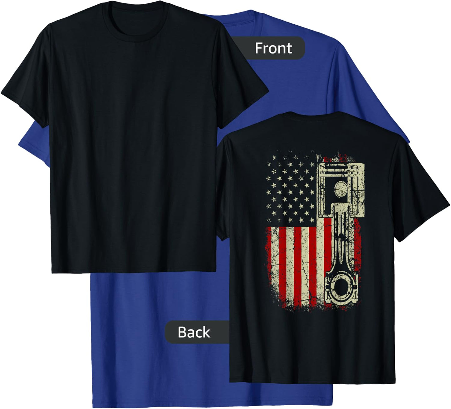 American Flag Piston Muscle Car Patriotic Vintage on Back T-Shirt - T-Shirt | Royal