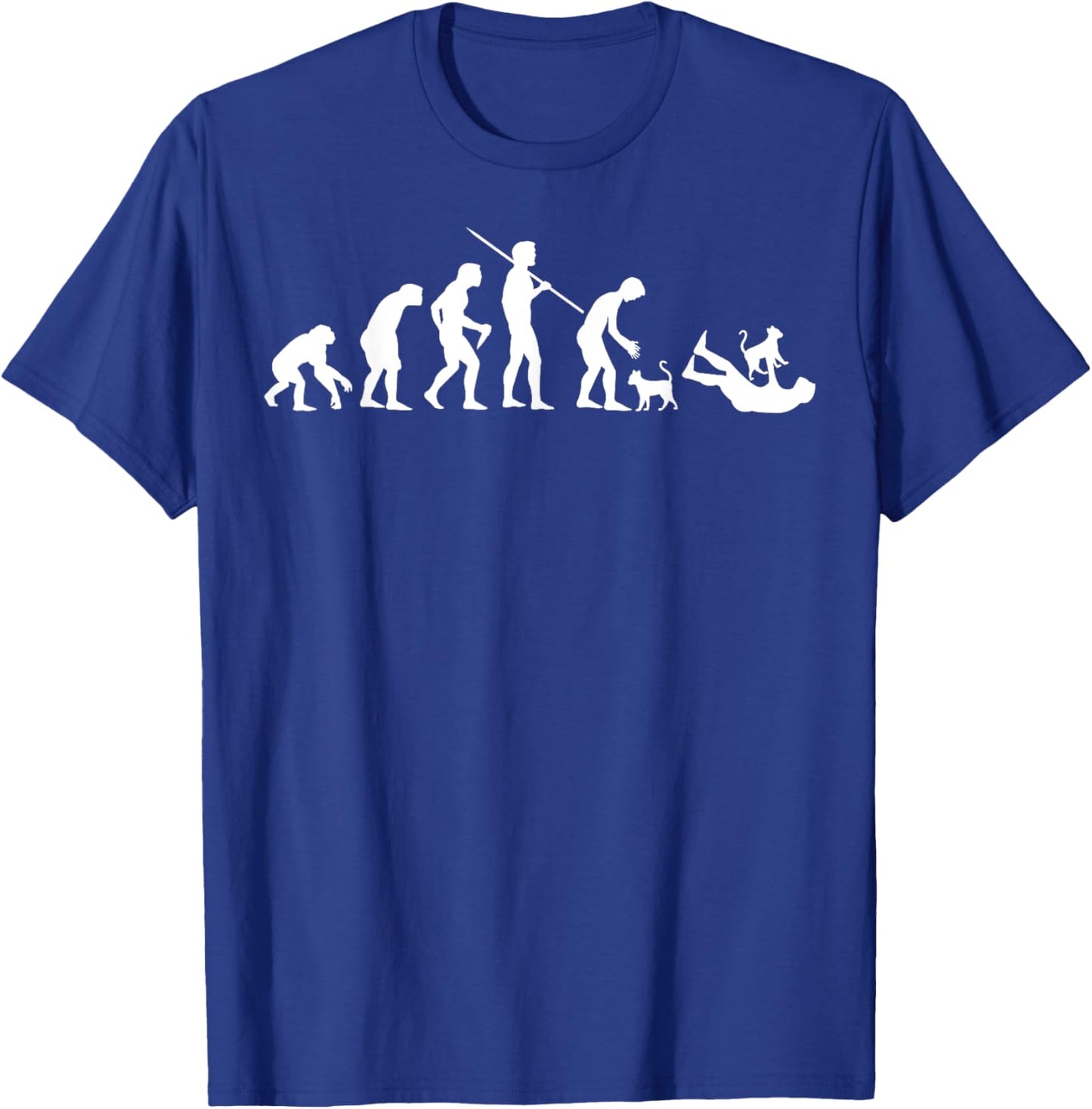 Irreverent Evolution of Man with Cats -Adult Black Cartoon T-Shirt - T-Shirt | Royal