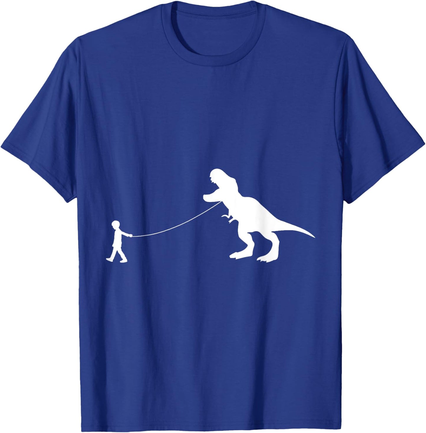T-Rex Dinosaur Pet on a Leash led by a boy with rope in Hand T-Shirt - T-Shirt | Royal