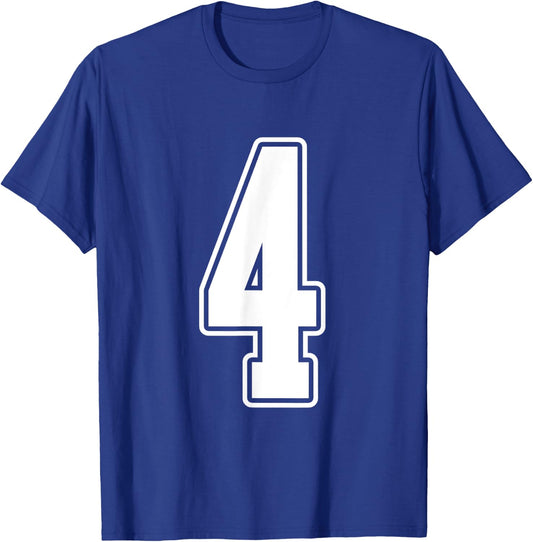 #4 White Outline Number 4 Sports Fan Jersey Style T-Shirt - T-Shirt | Royal
