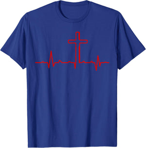Cross Heartbeat Christian Faith T-Shirt - T-Shirt | Royal