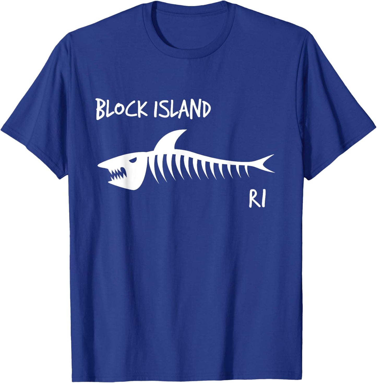 Block Island RI Shark Skeleton White Print T-Shirt - T-Shirt | Royal