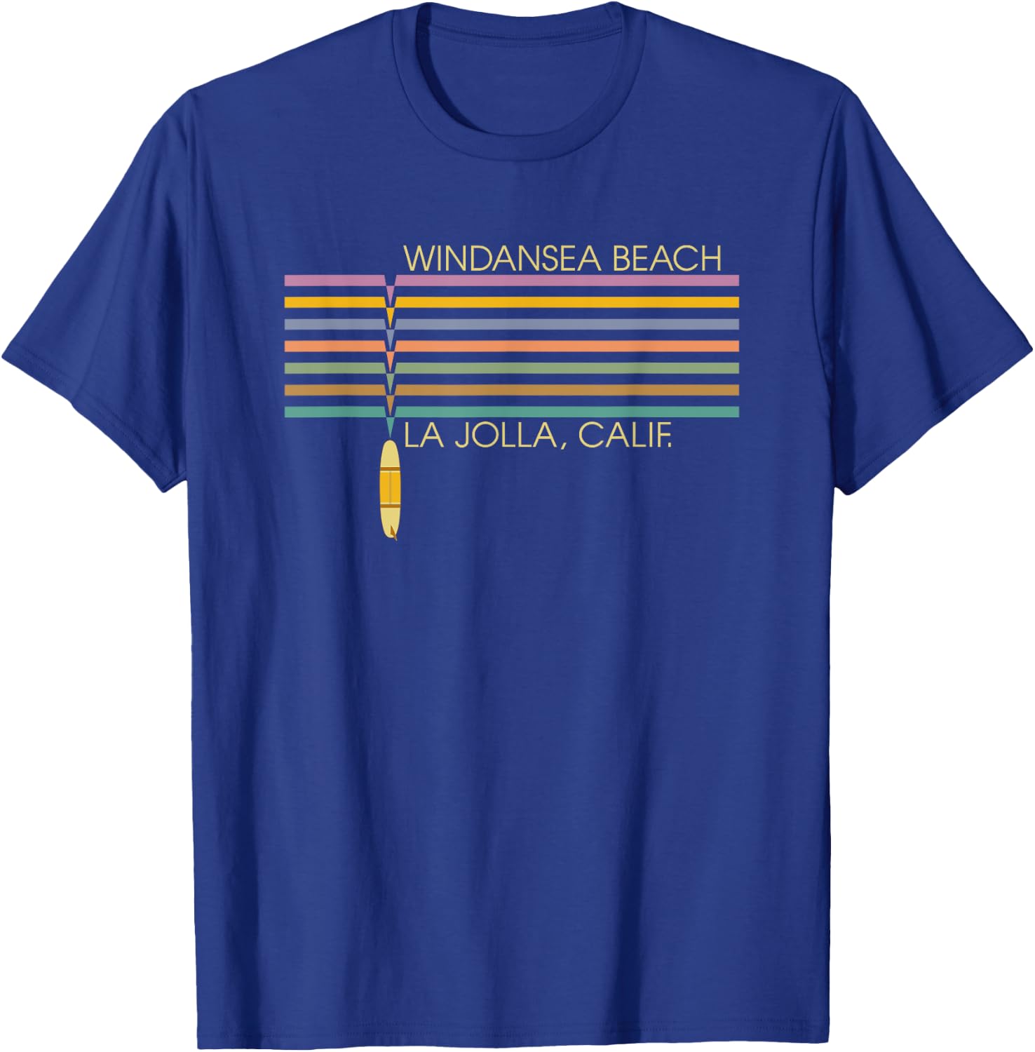 Windansea Beach California Surfing Retro Stripes Surfboard Men Women Kids T-Shirt - T-Shirt | Royal