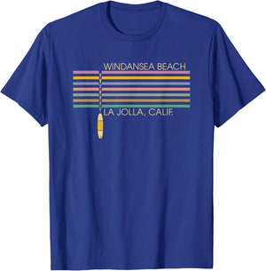 Windansea Beach California Surfing Retro Stripes Surfboard Men Women Kids T-Shirt - T-Shirt | Royal