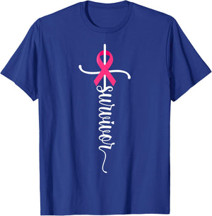 Survivor Christian Cross Warrior Pink Ribbon Breast Cancer T-Shirt - T-Shirt | Royal