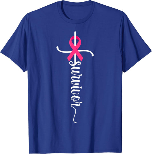 Survivor Christian Cross Warrior Pink Ribbon Breast Cancer T-Shirt - T-Shirt | Royal