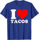 I Love Food Shirts I Heart Food Shirts By DaT -Adults Women's Black Small Tacos Lover Theme, Heart Pattern Short Sleeve Collarless Round Neck Modern Classic T-Shirt - T-Shirt | Royal