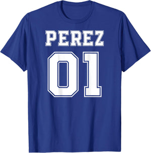 PEREZ 01 Back Print Sports Jersey Style Family Name Fun T-Shirt - T-Shirt | Royal