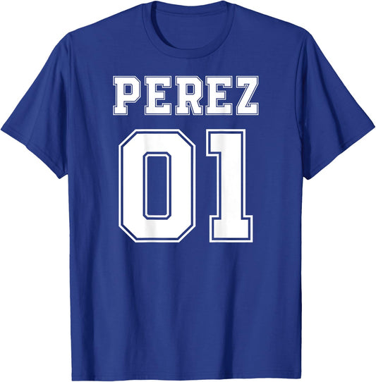 PEREZ 01 Back Print Sports Jersey Style Family Name Fun T-Shirt - T-Shirt | Royal