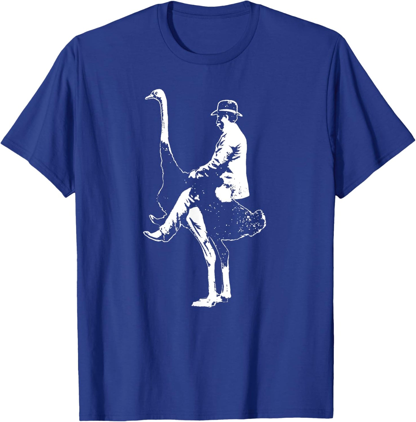 Man Riding Ostrich Funny Random Ironic Music Festival Retro T-Shirt - T-Shirt | Royal