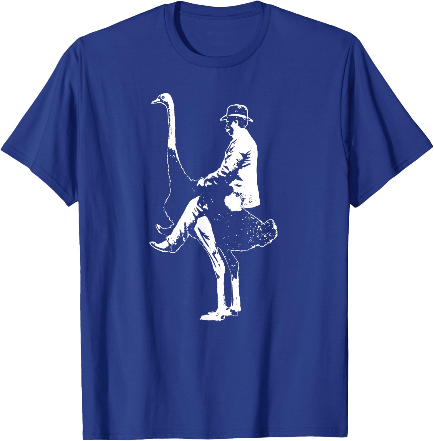 Man Riding Ostrich Funny Random Ironic Music Festival Retro T-Shirt - T-Shirt | Royal