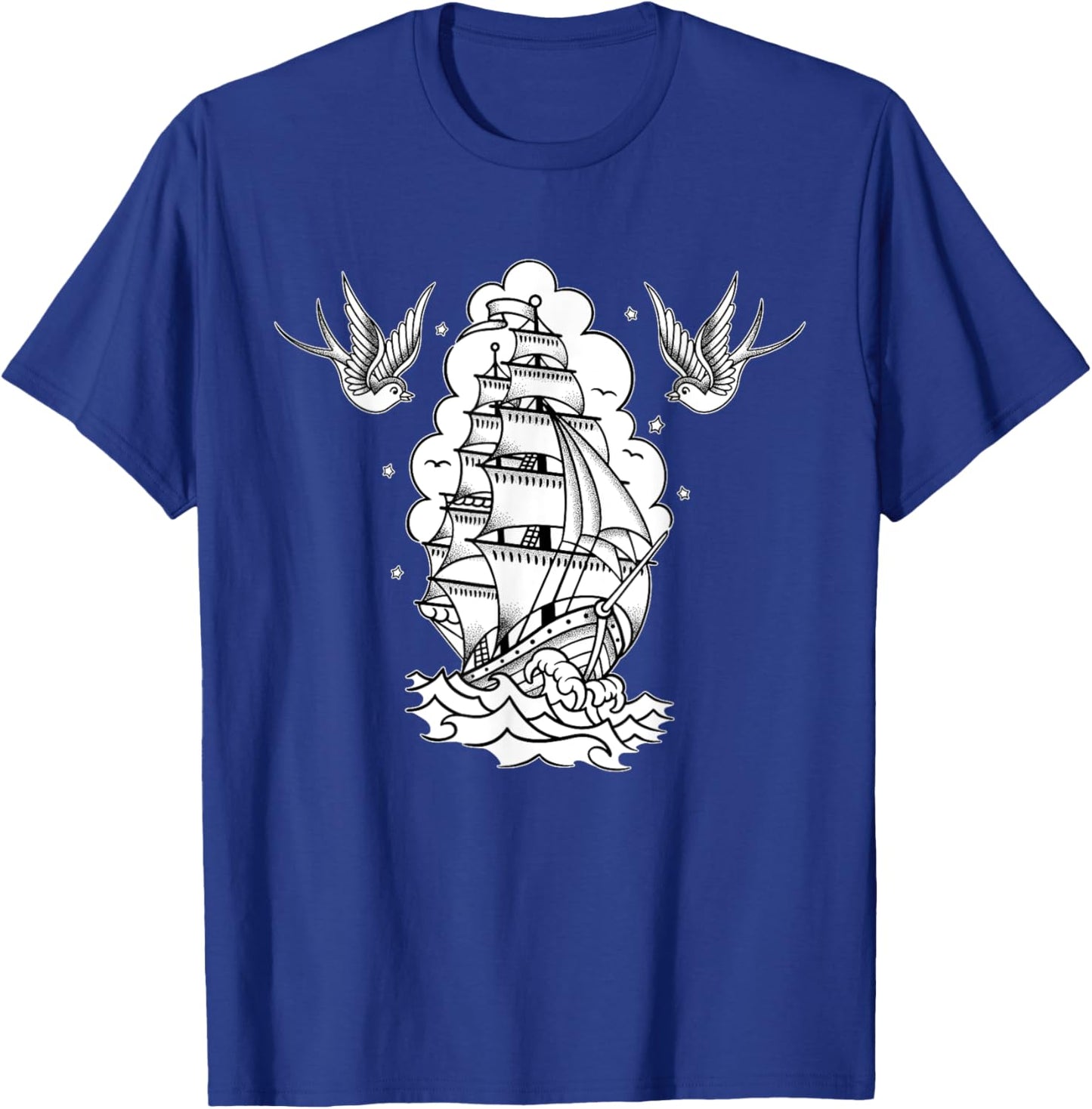 Old School Sailor Tattoo Clipper Ship and Swallows T-Shirt - T-Shirt | Royal
