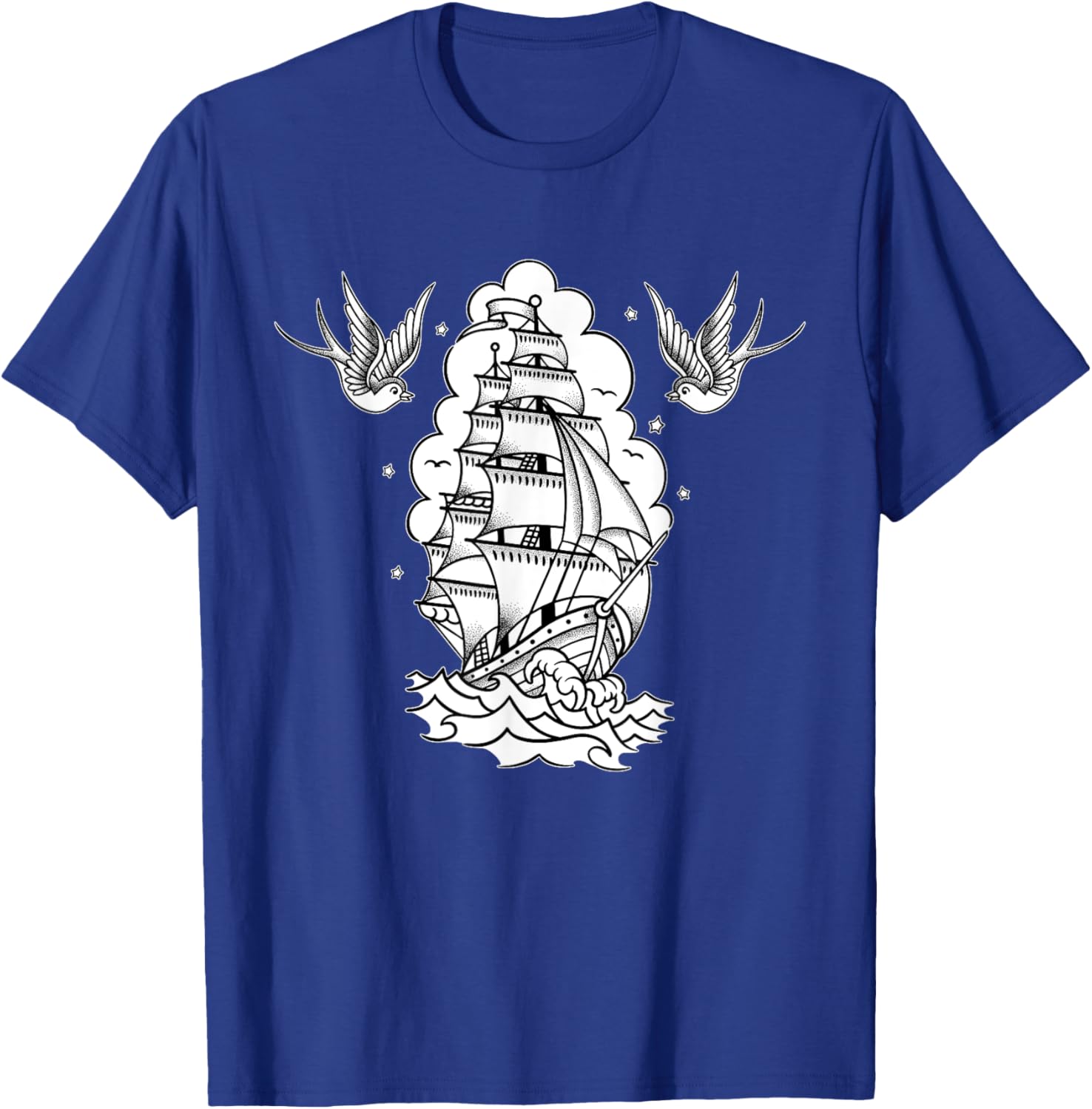 Old School Sailor Tattoo Clipper Ship and Swallows T-Shirt - T-Shirt | Royal