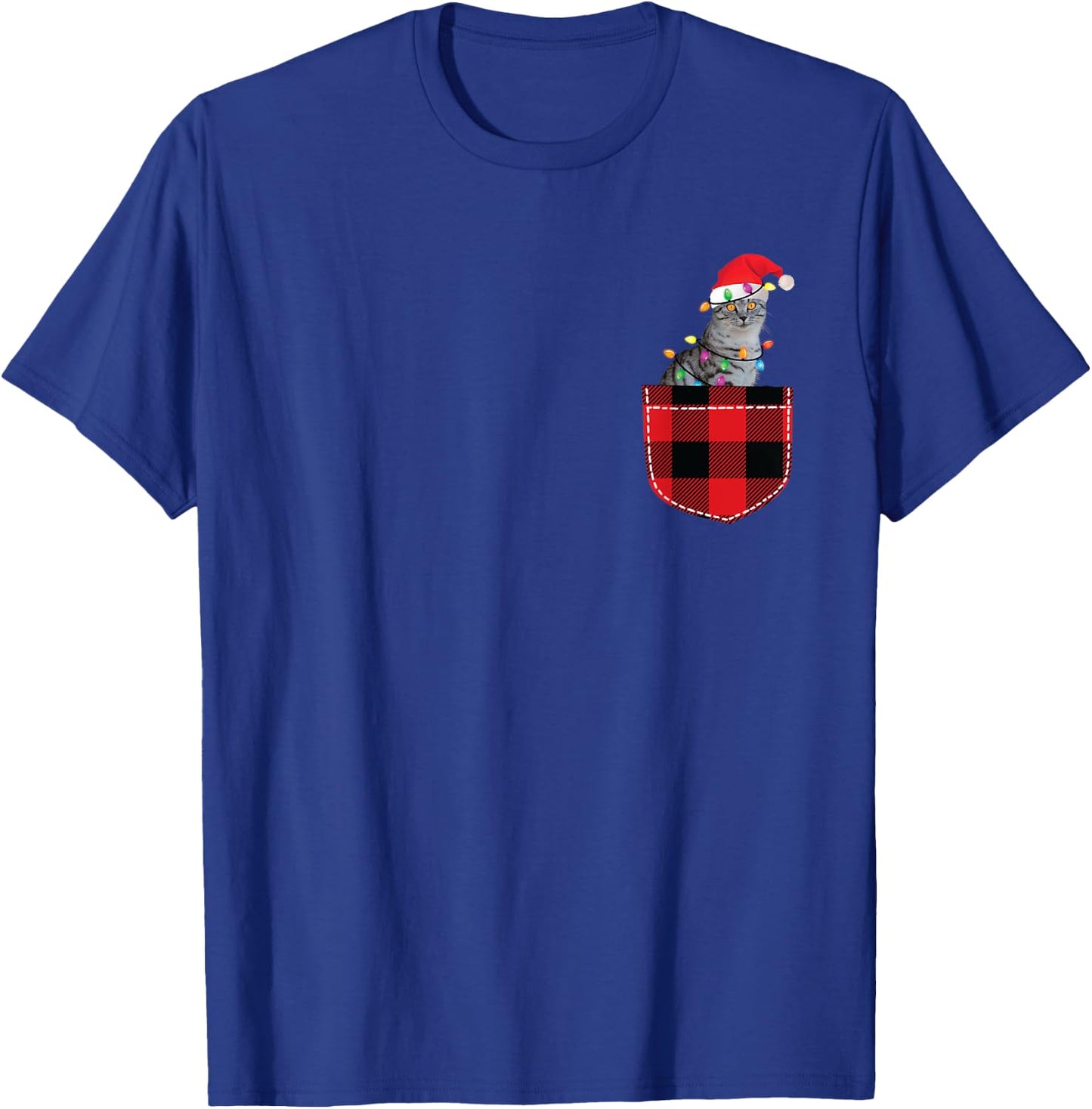 Cat in Pocket Shirt Women Men Funny Cat Christmas Plaid T-Shirt - T-Shirt | Royal