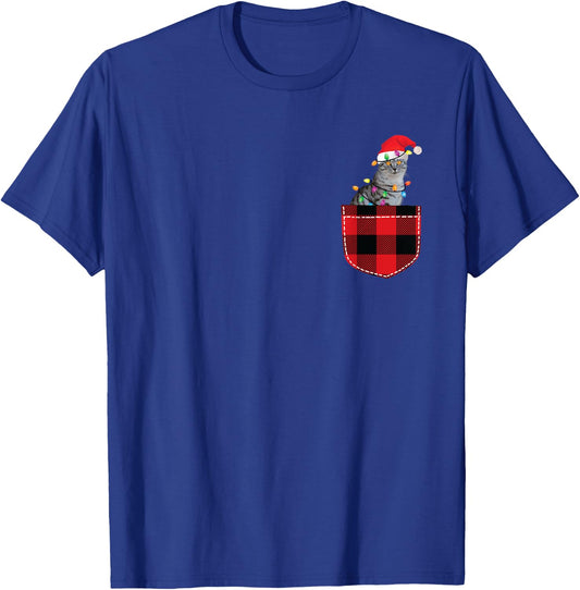 Cat in Pocket Shirt Women Men Funny Cat Christmas Plaid T-Shirt - T-Shirt | Royal