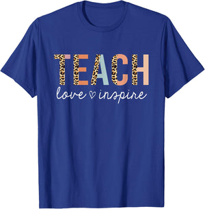 Teach Love Inspire Leopard Back to School Cute Teacher Men Women Girls Kids T-Shirt - T-Shirt | Royal