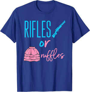 Rifles or Ruffles - Fun Gender Reveal Baby Announcement T-Shirt - T-Shirt | Royal