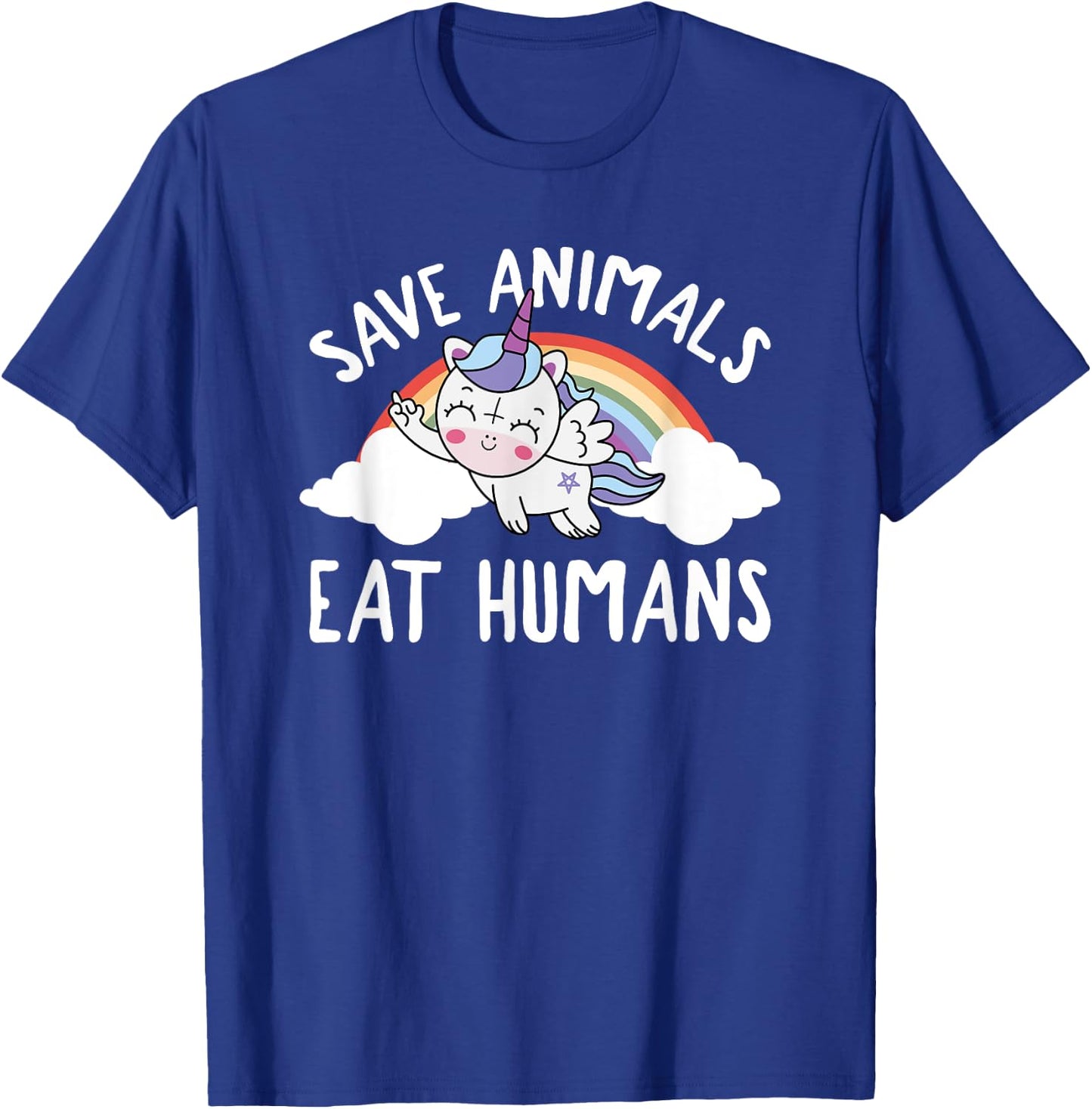 Evil Unicorn Rainbow Save Animals Eat Humans Satanic Vegan T-Shirt - T-Shirt | Royal