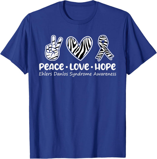 Peace Love Hope T Shirt Ehlers Danlos Awareness EDS Warrior T-Shirt - T-Shirt | Royal