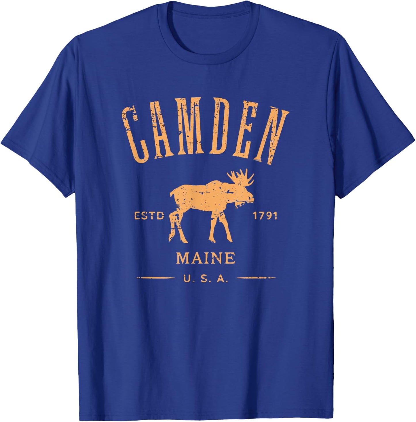 Camden Maine USA with Moose Distressed Design Souvenir T-Shirt - T-Shirt | Royal