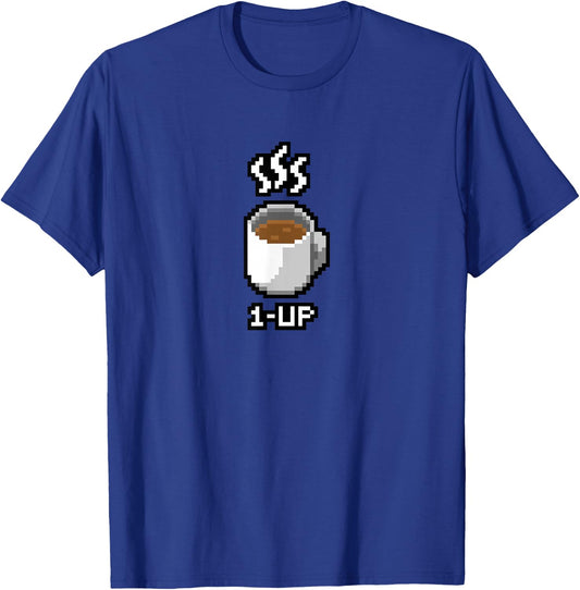 1-Up Coffee Funny 8-Bit Pixel Vintage One Up Graphic T-Shirt - T-Shirt | Royal