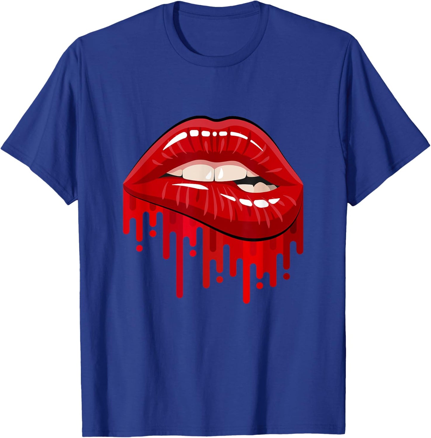 Cool Men's Women's Bold Red Biting Lips Graphic Short Sleeve T-Shirt - T-Shirt | Royal