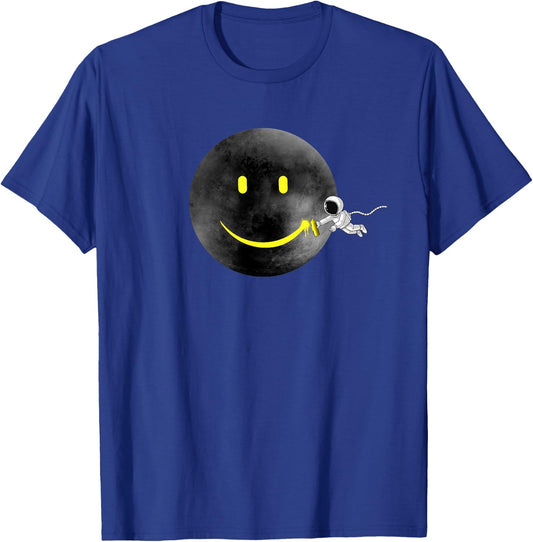 Happy Moon | Astronaut & Happy Face | Dark Black Gray Moon T-Shirt - T-Shirt | Royal