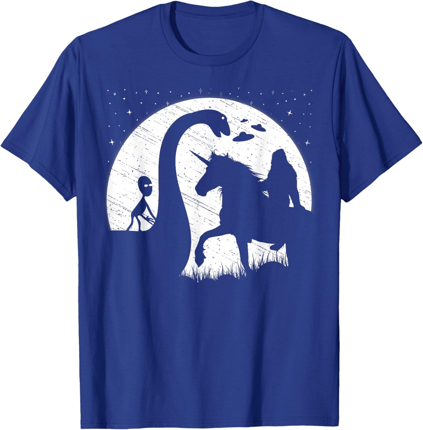 Funny Alien Riding Loch Ness Monster Nessie Bigfoot Unicorn T-Shirt - T-Shirt | Royal