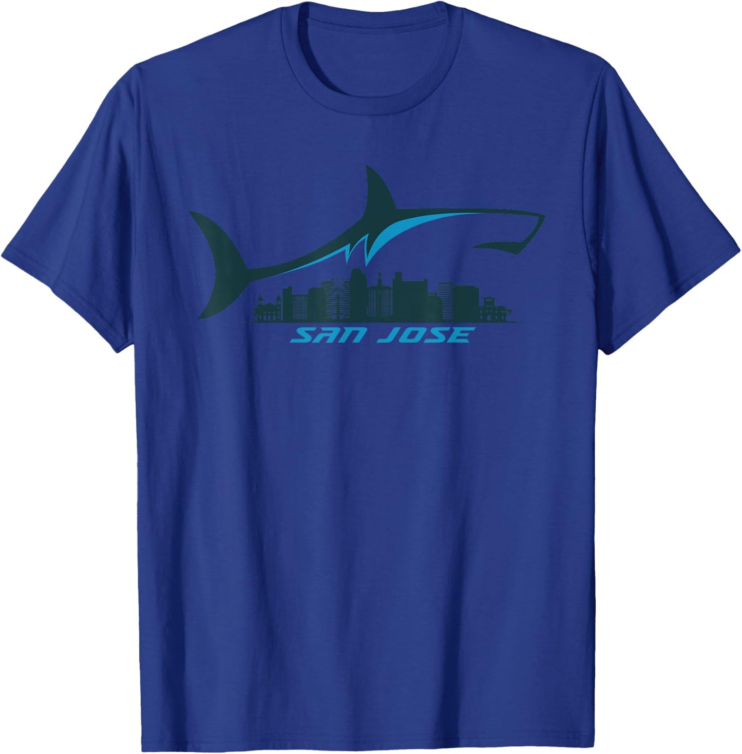 San Jose City Skyline With Shark Above Shark City SJ T-Shirt - T-Shirt | Royal