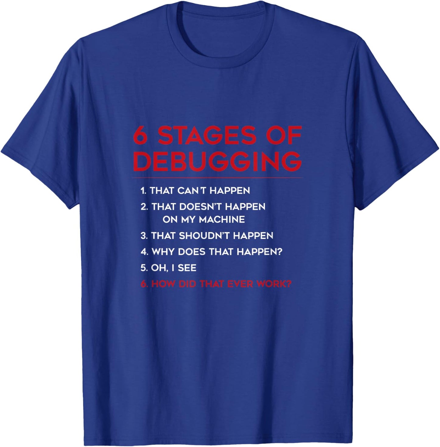 Coding 6 Stages of Debugging Bug Computer Programmer T-Shirt - T-Shirt | Royal