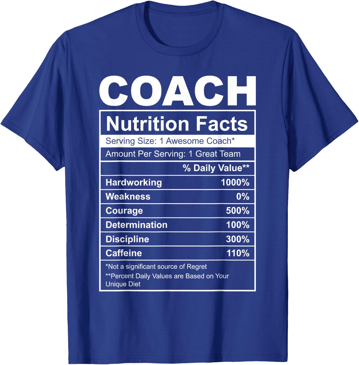 Funny Coach Nutrition Facts Label - Sports Athlete Trainer T-Shirt - T-Shirt | Royal