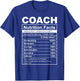 Funny Coach Nutrition Facts Label - Sports Athlete Trainer T-Shirt - T-Shirt | Royal