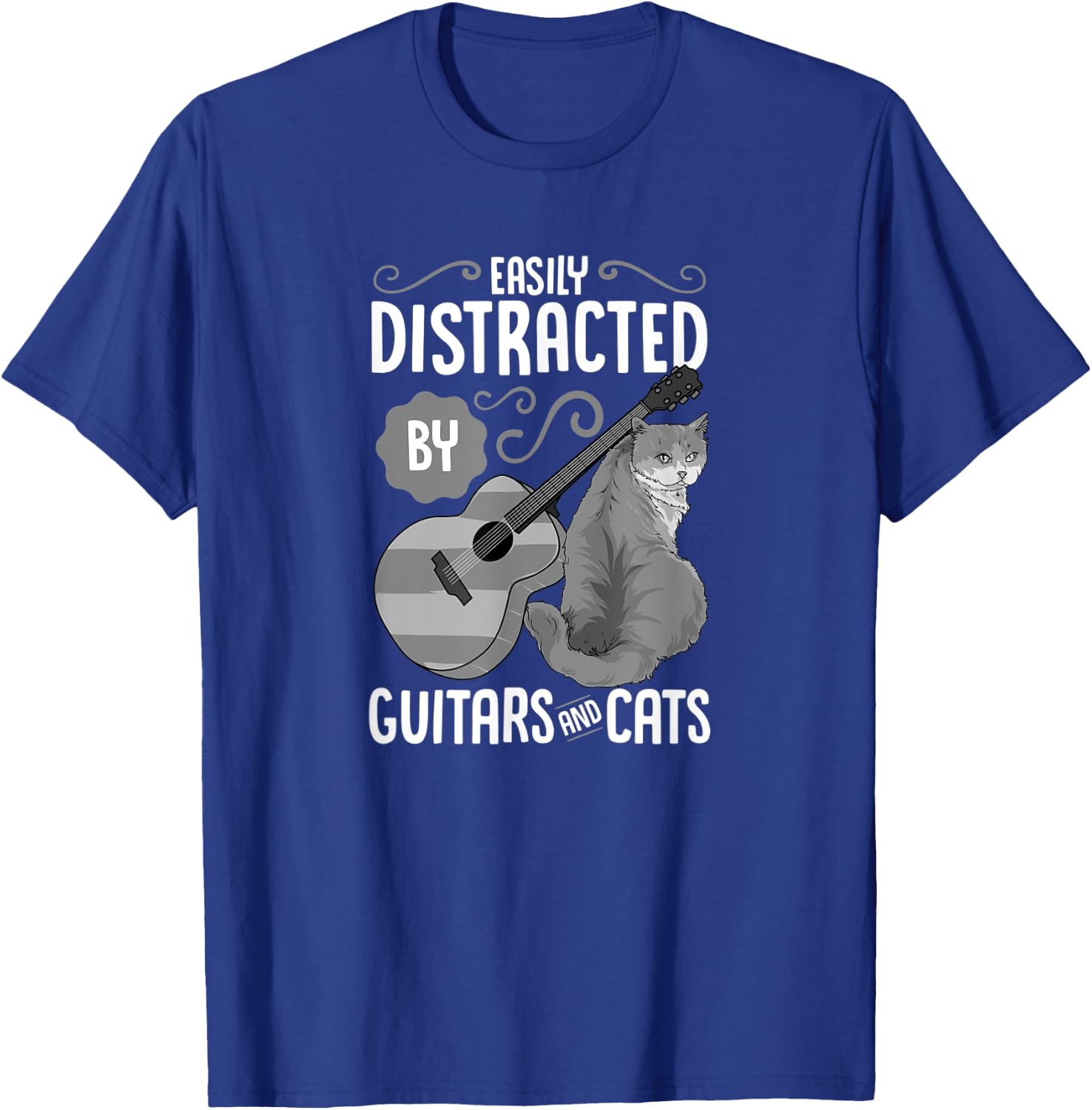 Easily Distracted by Guitars and Cats - Cat & Guitar Lover T-Shirt - T-Shirt | Royal