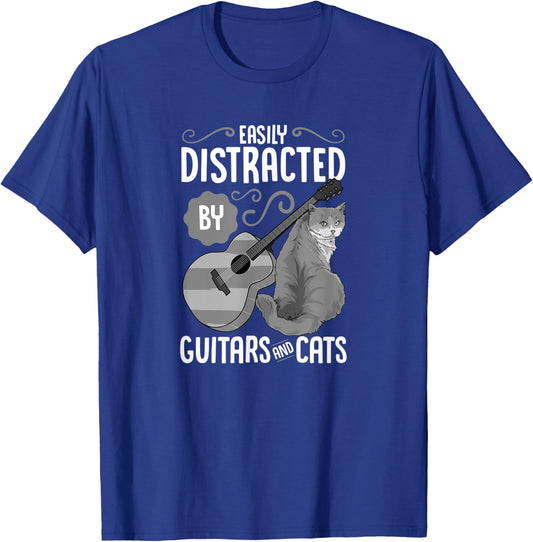 Easily Distracted by Guitars and Cats - Cat & Guitar Lover T-Shirt - T-Shirt | Royal
