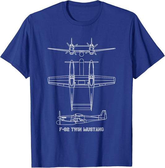 F-82 Twin Mustang American Plane Blueprints T-Shirt - T-Shirt | Royal